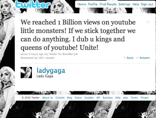 lady gaga one billion youtube views tweet